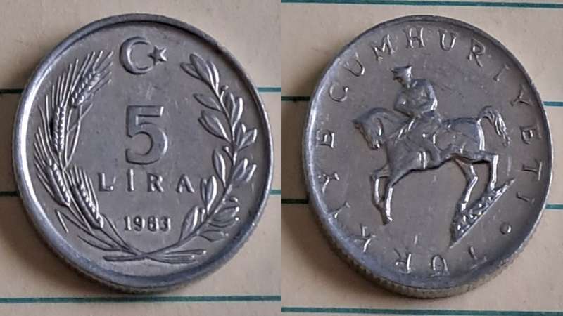1983 - Turkey - 5 Lira - AU/NC- Head of Atatürk - Demonetised - Yes - Aluminium
