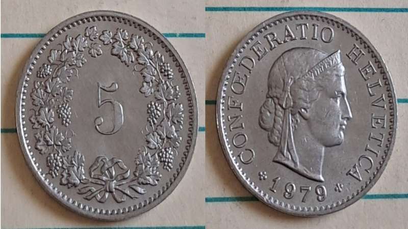 1979 - Switzerland - 5 - AU/NC - Head of Libertas  - Demonetised Jan 2004 - Copper-nickel