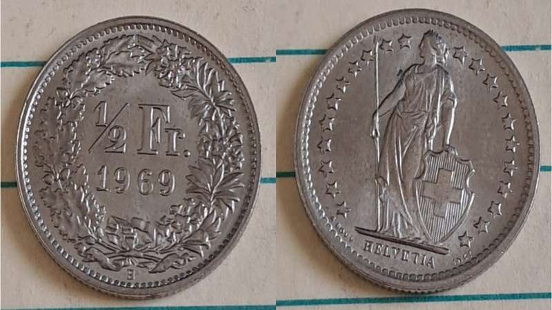 1969 B - Switzerland -  ½ Fr - AU/NC - Full-length figure of Helvetia  - Demonetised - No - Copper-n