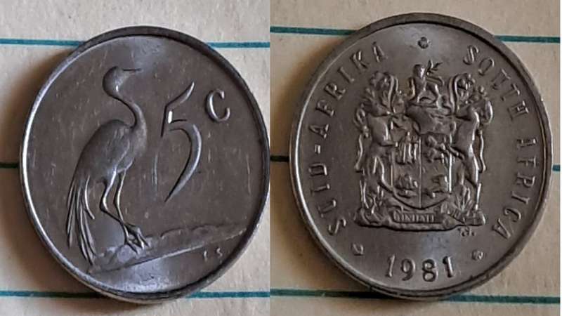 1981 - SA -  5c - AU/NC- Blue crane/Coat of Arms - Nickel