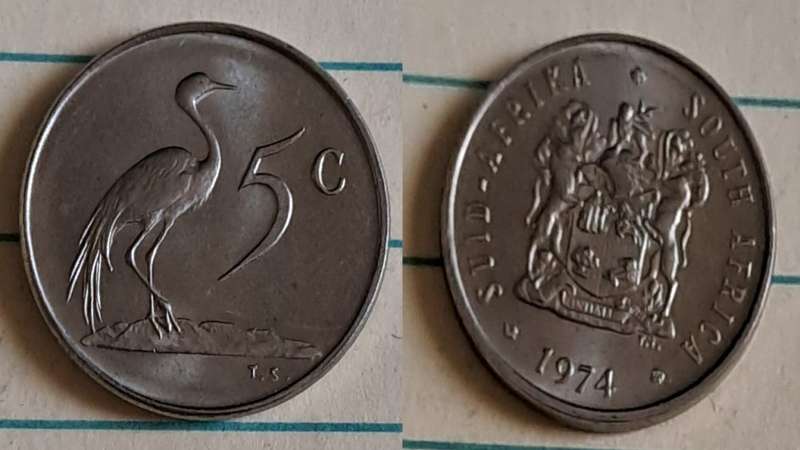 1974 - SA -  5c - AU/NC- Blue crane/Coat of Arms - Nickel