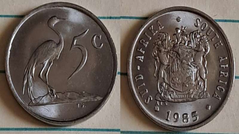 1985 - SA -  5c - AU/NC- Blue crane/Coat of Arms - Nickel
