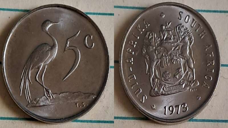 1973 - SA -  5c - AU/NC- Blue crane/Coat of Arms - Nickel