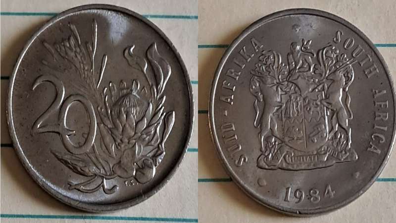 1984 - SA -  20c - King Protea/Coat of Arms - Nickel