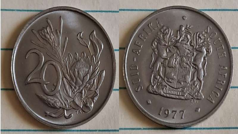 1977 - SA -  20c - AU/NC- King Protea/Coat of Arms - Nickel