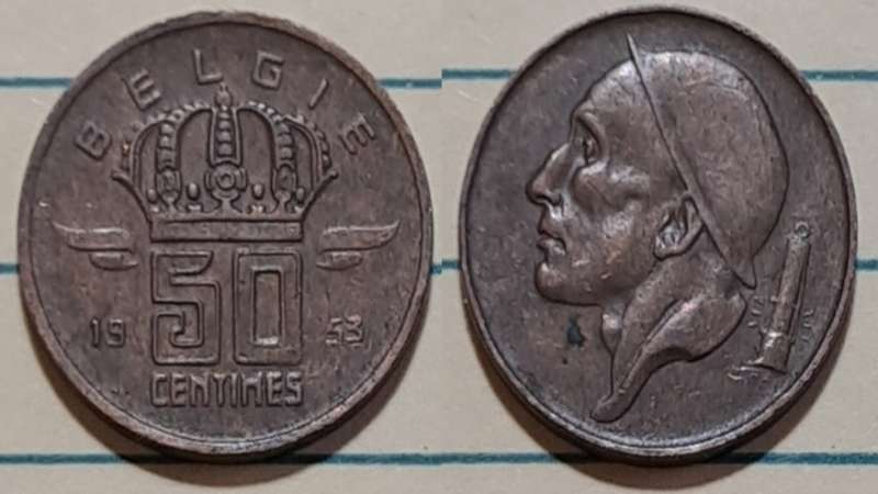 1953 - Belgium  - 50 Centimes Dutch text - A miner - Demonetised - Feb 2002 - Bronze