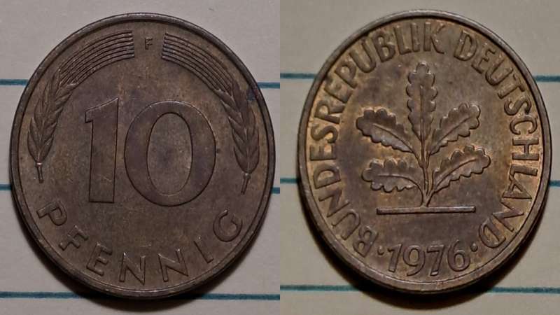 1976 F- Germany  - 10 Pfennig - Oak Seedling- Demonetised - Dec 2001 - Brass clad steel