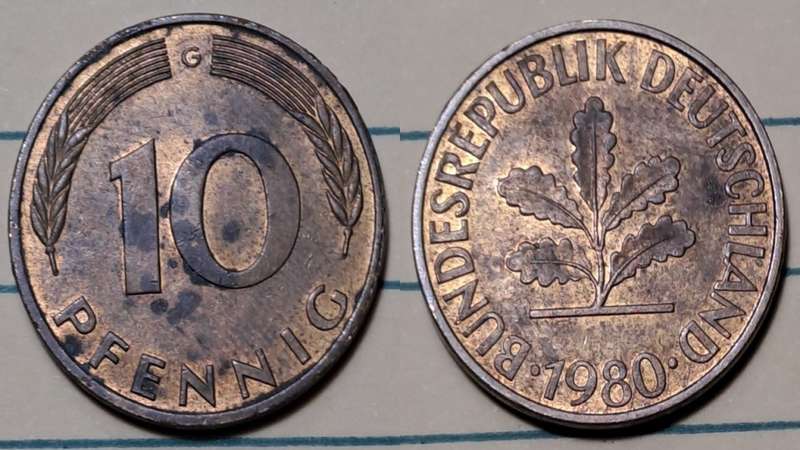 1980 D - Germany  - 10 Pfennig - Oak Seedling- Demonetised - Dec 2001 - Brass clad steel
