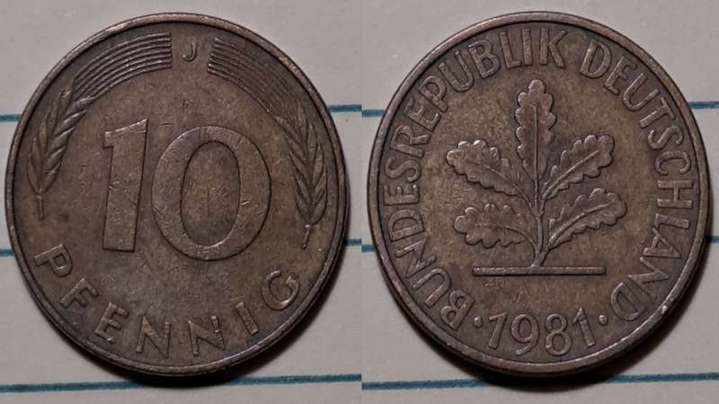 1981 J - Germany  - 10 Pfennig - Oak Seedling- Demonetised - Dec 2001 - Brass clad steel
