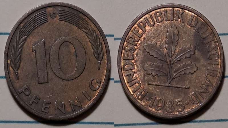 1985 G - Germany  - 10 Pfennig - Oak Seedling- Demonetised - Dec 2001 - Brass clad steel