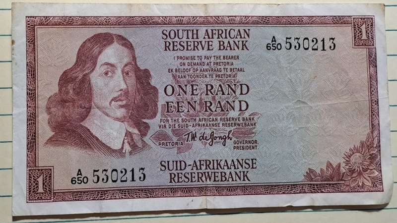 1972 - One Rand/Een Rand -  A650 530213 -  TW de Jongh 1st Issue -  Demonetised -  Yes - Watermark -