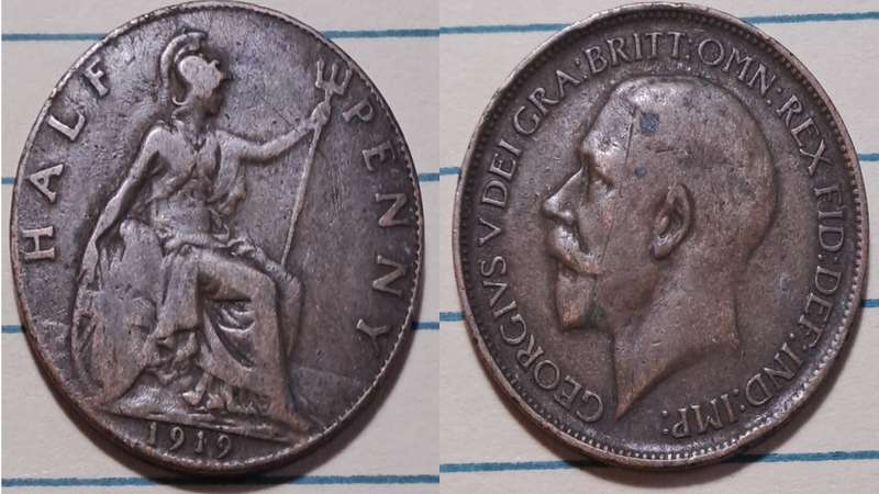 1919 - UK - ½ Penny - George V -  Demonetised - Dec  1960 - Bronze