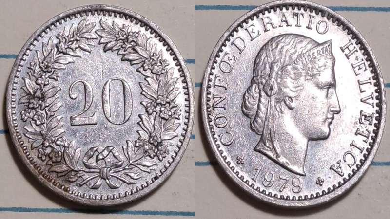 1979 - Switzerland -  20 Rappen - Libertas -  Demonetised - No - Copper-nickel