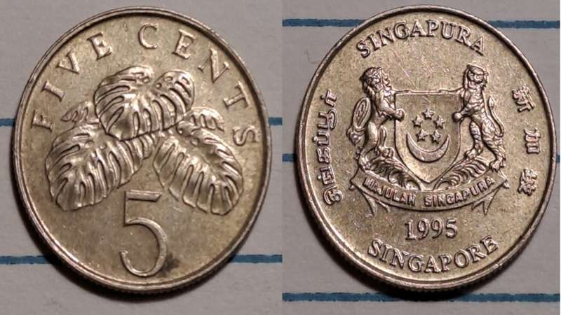 1995 - Singapore -  5 Cents - Libertas -  Demonetised - No - Aluminium bronze