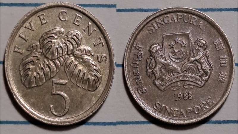 1988 - Singapore -  5 Cents - Libertas -  Demonetised - No - Aluminium bronze