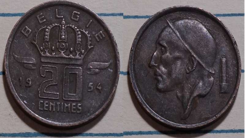 1954 - Belgium -  20 Centimes - Dutch text -  Demonetised - Feb 2002  - Bronze