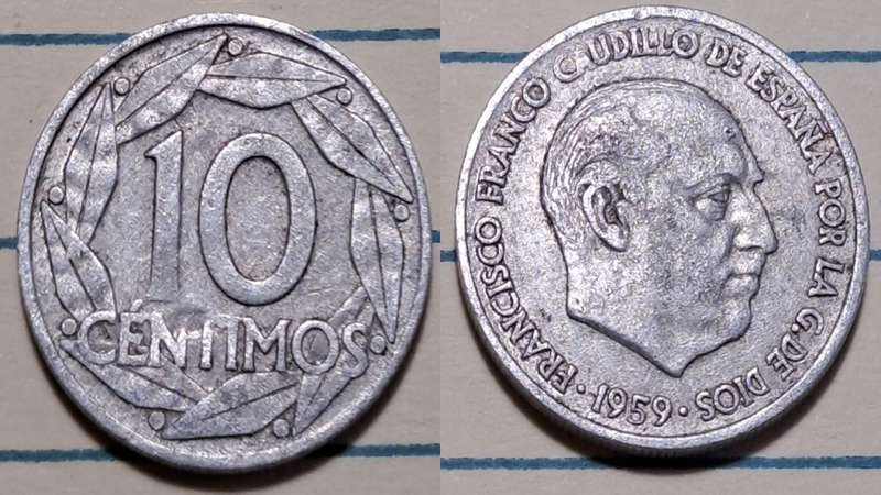 1959 - Spain  -  10 Centimos - Francisco Franco' -  Demonetised - Jan 1997  - Aluminium