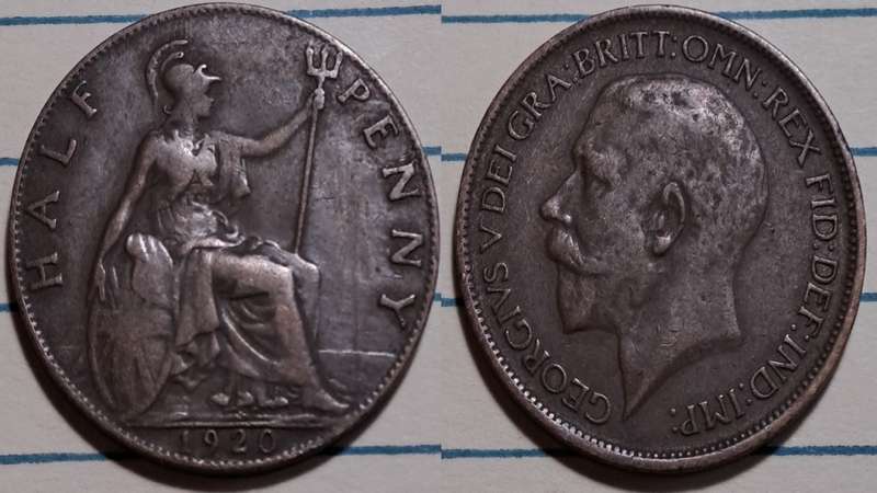 1920 - UK  - ½ Penny - George V -  Demonetised - Aug 1969  - Bronze