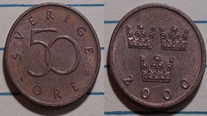 2000 B - Sweden  - 50 Öre - Carl XVI Gustaf -  Demonetised - Sep 2010  - Bronze