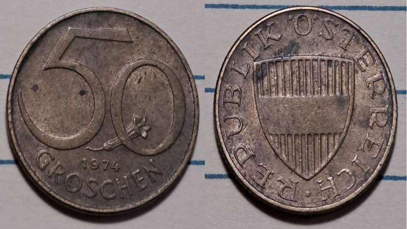 1974 - Austria  - 50 Groschen -  Demonetised - Feb 2002  - Aluminium bronze