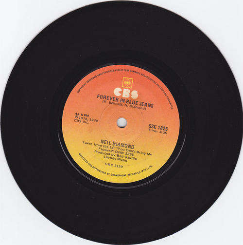 Vinyl 45 RPM Seven Single - FOREVER IN BLUE JEANS - Neil Diamond - CBS SSC 1825