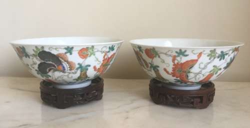 Pair of Beautiful and very Old Chinese Hanpainted Bowls on carved wood stands** Stunning Pieces**