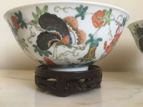 Pair of Beautiful and very Old Chinese Hanpainted Bowls on carved wood stands** Stunning Pieces**