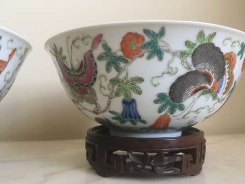 Pair of Beautiful and very Old Chinese Hanpainted Bowls on carved wood stands** Stunning Pieces**