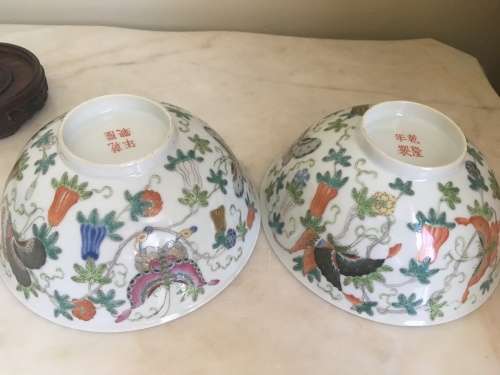 Pair of Beautiful and very Old Chinese Hanpainted Bowls on carved wood stands** Stunning Pieces**