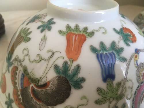 Pair of Beautiful and very Old Chinese Hanpainted Bowls on carved wood stands** Stunning Pieces**