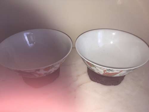 Pair of Beautiful and very Old Chinese Hanpainted Bowls on carved wood stands** Stunning Pieces**