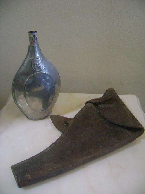 OLD LEATHER GUN HOLSTER AND GUN POWDER FLASK!!!