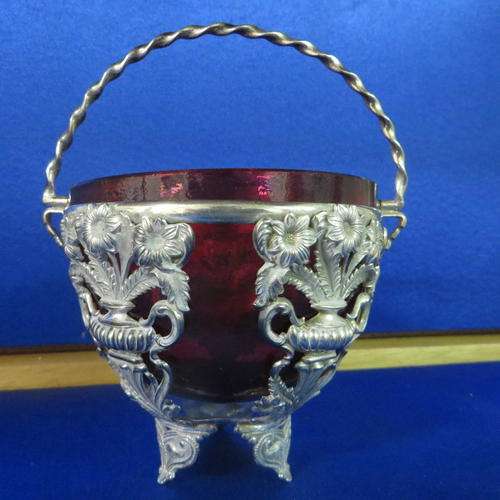 BEAUTIFUL VICTORIAN RUBY GLASS SILVER PLATED SMALL ORNATE BASKET**