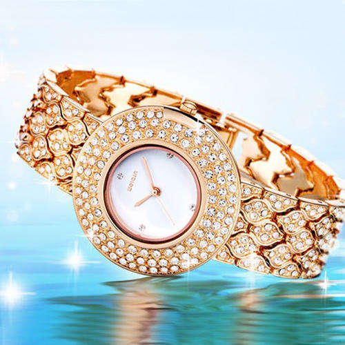 Luxury Trendy Rose Gold Bling Crystal Women Lady Leather Stainless Steel Wrist Watch
