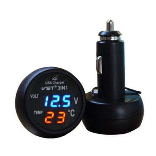 Red Blue Digital Voltmeter Thermometer Cigarette Lighter USB Car Charger 3in1