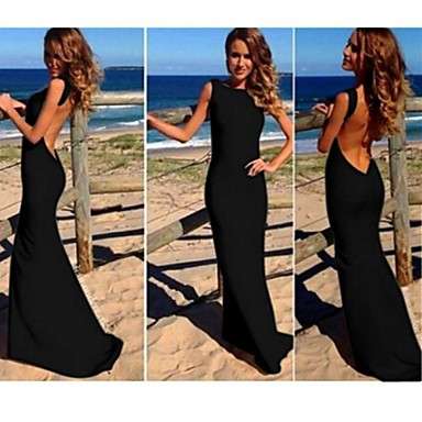(Free shipping)Women's Sexy Backless Solid Color Bodycon Maxi Dress