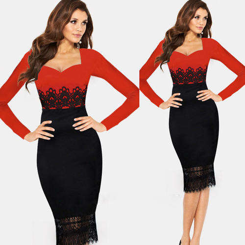 (Free shipping)Women's  OL Lace Long Sleeve Dress