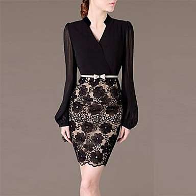 (Free shipping)Women's V Neck Patchwork Long Sleeve OL Dress