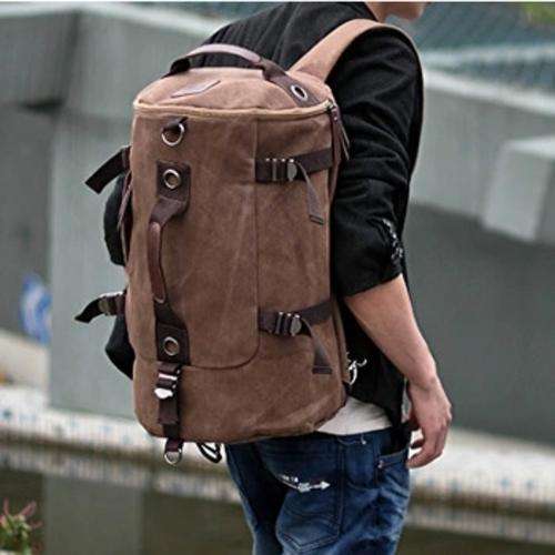 Men's Vintage Canvas Hiking Travel Cylinder Messenger Tote Bag Backpack