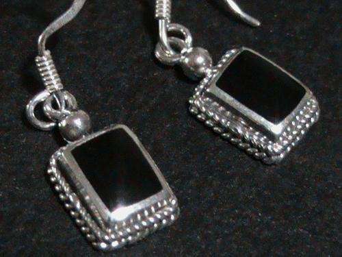 STERLING SILVER EARRINGS , SET WITH CREATED ONYX..