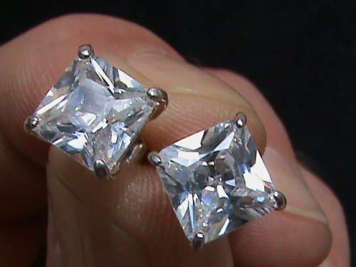 SOLID STERLING SILVER CZ STUD EARRINGS.  7.5 MM SQUARE, WHITE