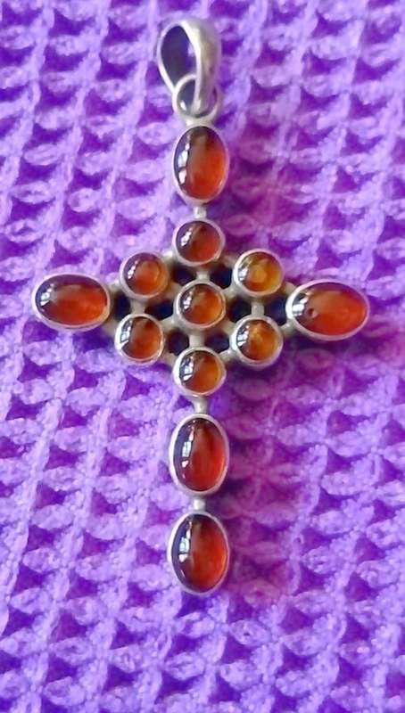 SOLID STERLING SILVER AMBER CROSS PENDANT