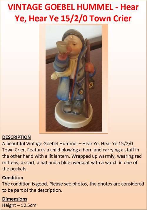 VINTAGE GOEBEL HUMMEL - Hear Ye, Hear Ye 15/2/0 Town Crier