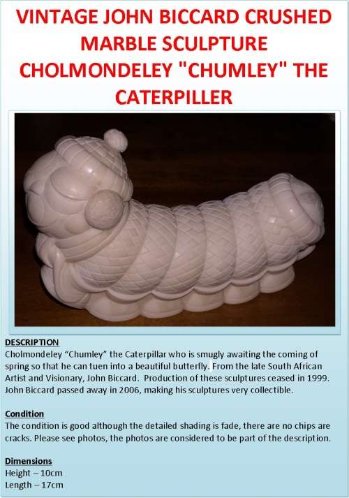 VINTAGE JOHN BICCARD CRUSHED MARBLE SCULPTURE  CHOLMONDELEY "CHUMLEY" THE CATERPILLER