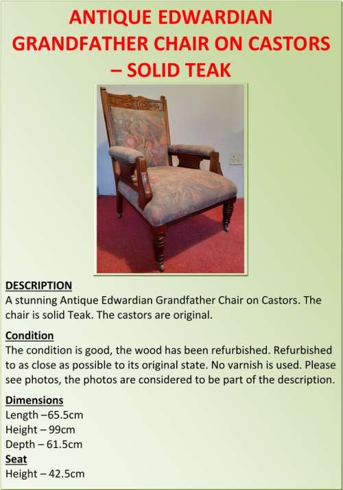ANTIQUE EDWARDIAN GRANDFATHER CHAIR ON CASTORS  SOLID TEAK