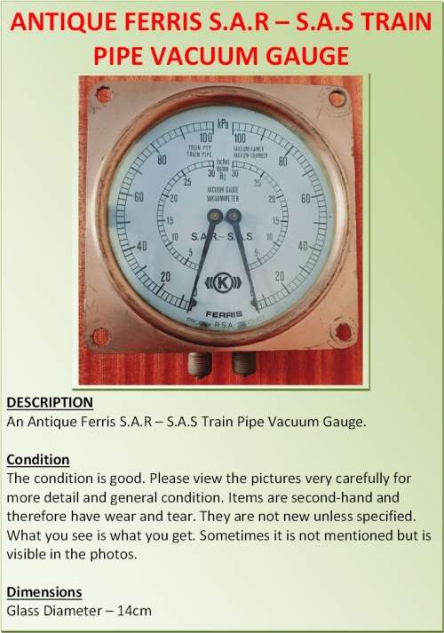 ANTIQUE FERRIS S.A.R  S.A.S TRAIN PIPE VACUUM GAUGE