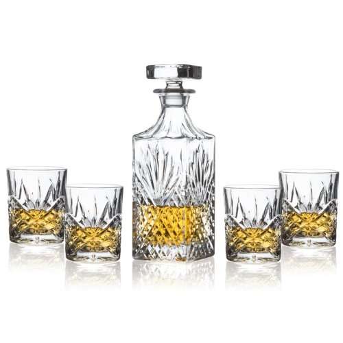 Brand New 7 Piece Clear Diamond Cut Style Whiskey Decanter with Glasses Set