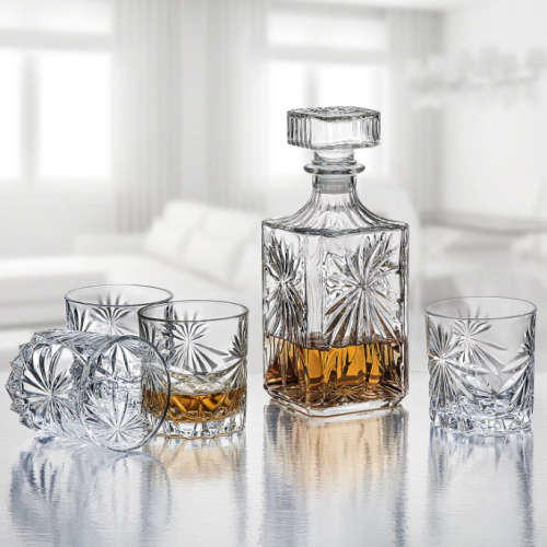 Brand New 7 Piece Clear Diamond Cut Style Whiskey Decanter with Glasses Set