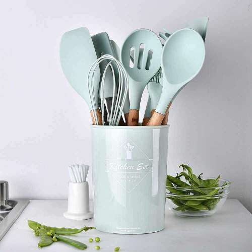 New 13 Pcs Silicone Kitchen Utensil Set Non-Stick Heat-Resistant Cookware Kit-Bamboo Wooden Handles