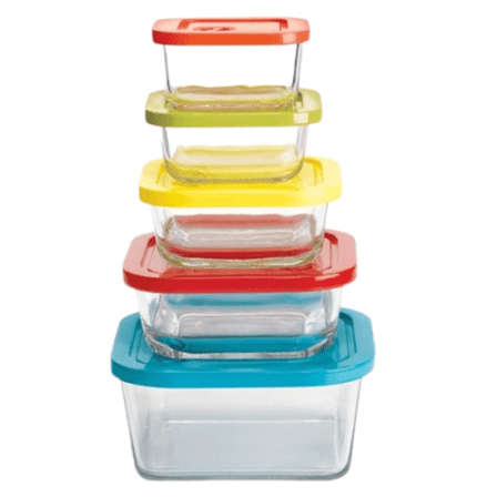 5 Piece Glass Bowls in Different Sizes with Colourful Lids